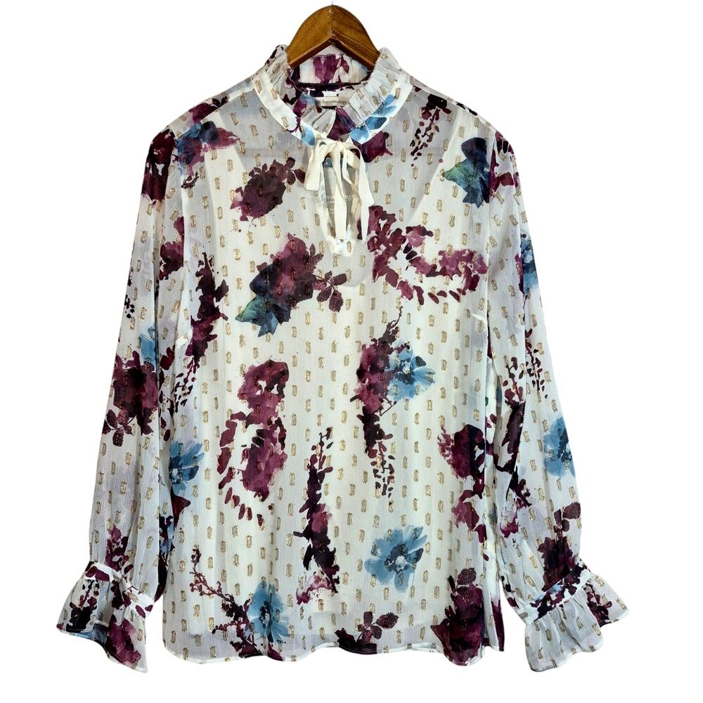 Soft Surroundings Primrose Sheer Floral Blouse & Under Tank Ruffles 2pc Med